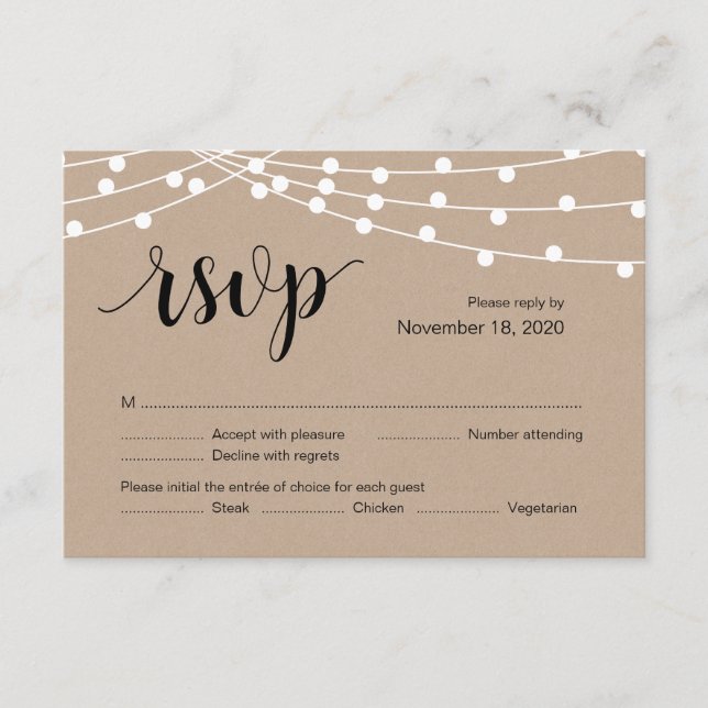 String Lights, Black font Colour, Wedding RSVP car Enclosure Card (Front)