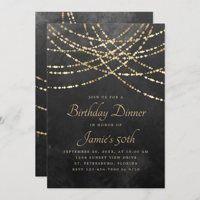 String Lights Black Gold Birthday Dinner Invitation (Front/Back)
