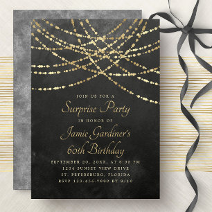 String Lights Black Gold Birthday Invitation