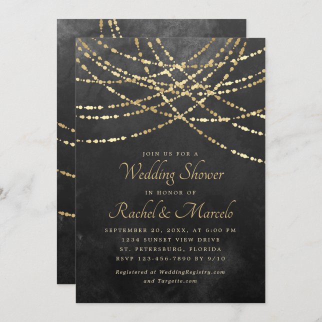 String Lights Black Gold Couples Wedding Shower Invitation (Front/Back)