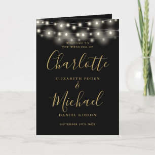 String Lights Black Gold Elegant Script Wedding Program