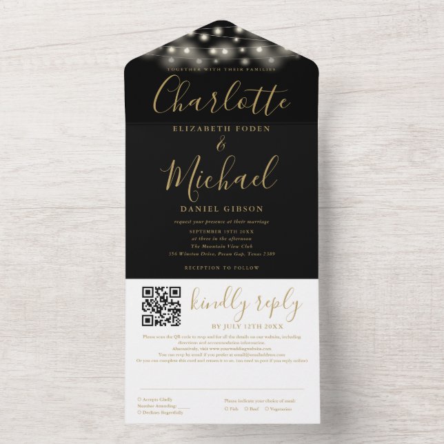 String Lights Black Gold Script QR Code Wedding All In One Invitation (Inside)