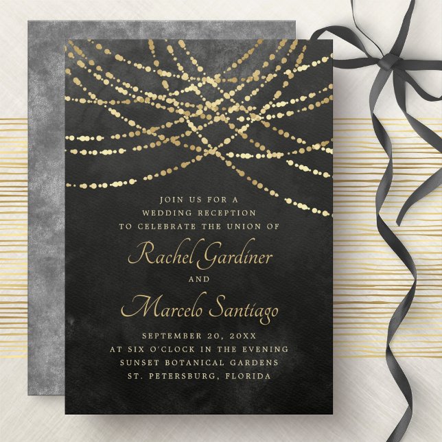 String Lights Black Gold Wedding Reception Invitation (Creator Uploaded)