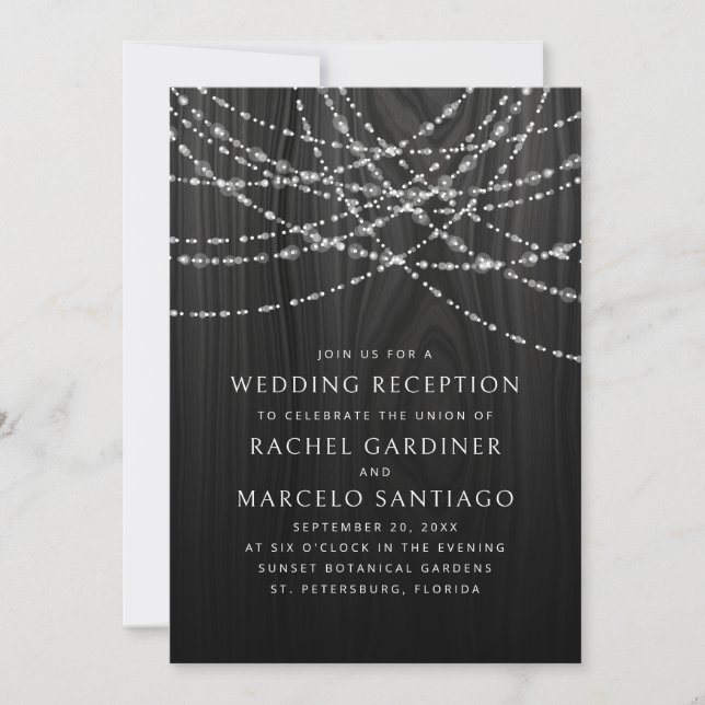 String Lights Black Rustic Wedding Reception Invitation (Front)