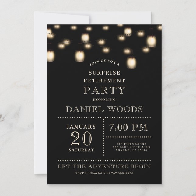 String Lights Black Surprise Retirement Party Invitation (Front)