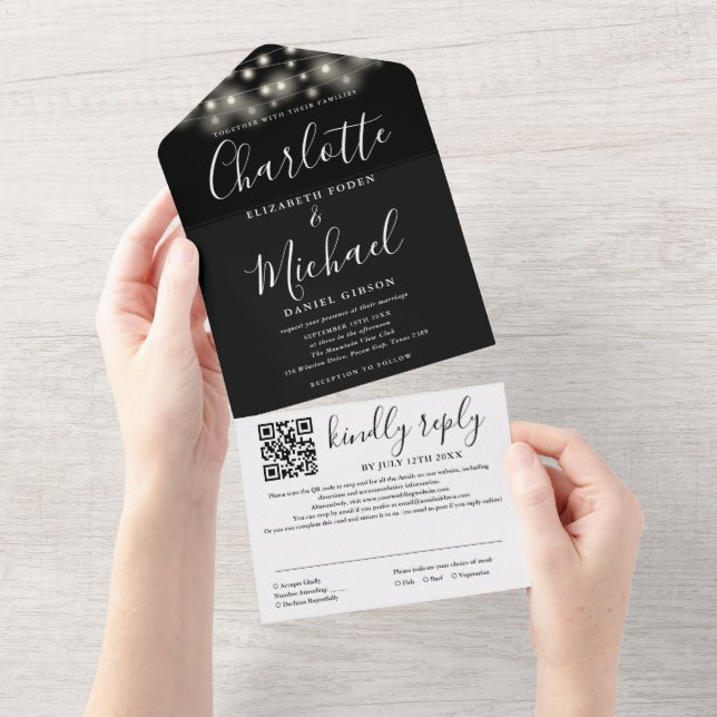 String Lights Black White Script QR Code Wedding All In One Invitation (Tearaway)