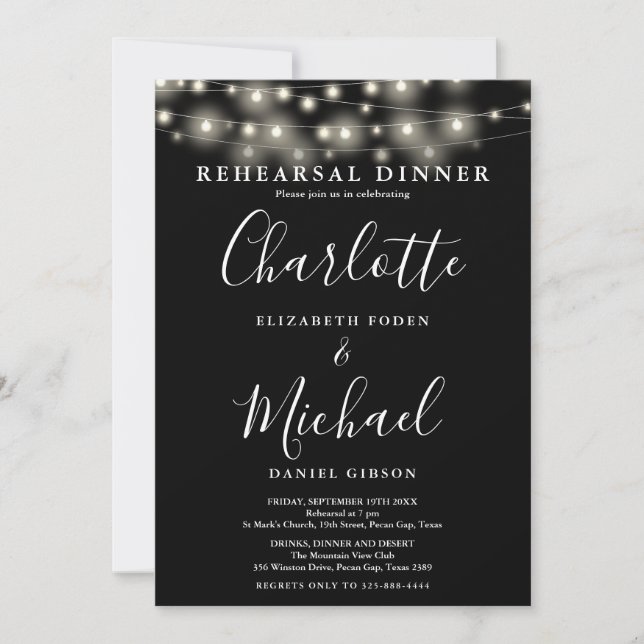String Lights Black White Script Rehearsal Dinner Invitation (Front)
