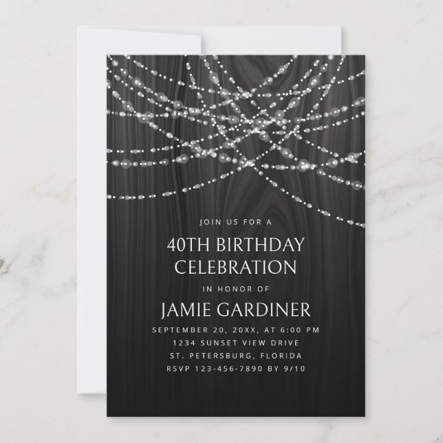 String Lights Black Wood Rustic Birthday Invitation (Front)