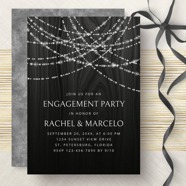 String Lights Black Wood Rustic Engagement Party Invitation (Creator Uploaded)