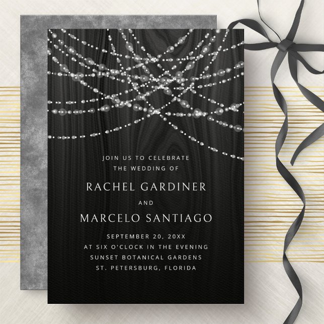 String Lights Black Wood Rustic Wedding Invitation (Creator Uploaded)