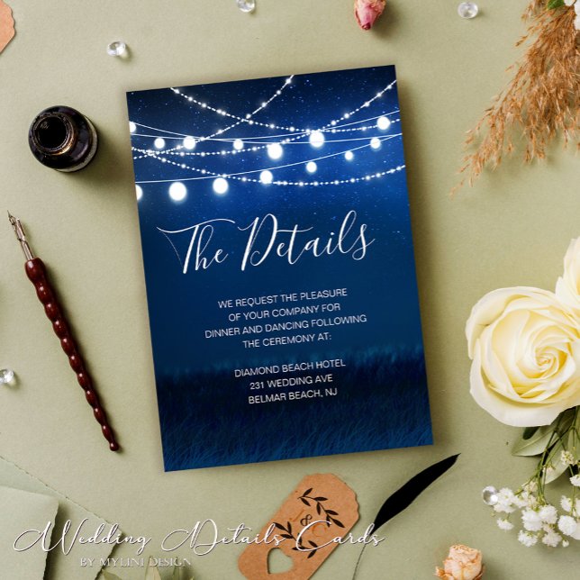 String Lights Blue and Silver Wedding Details Card (Creator Uploaded)
