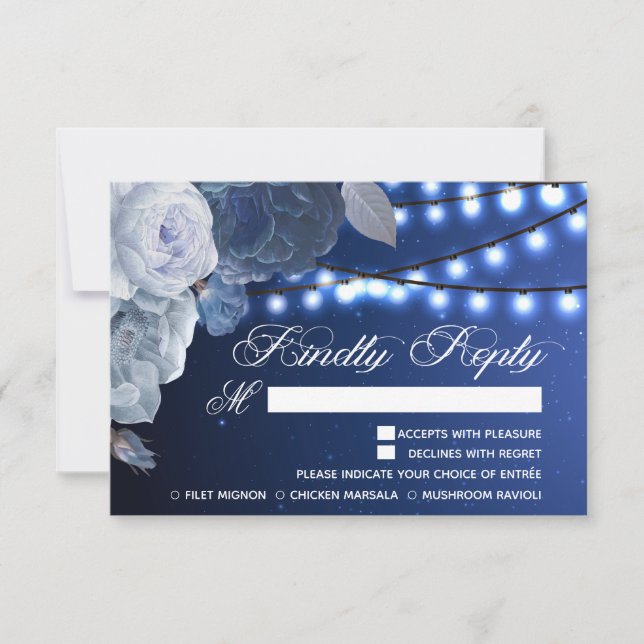 String lights Blue Elegant Meal Choice RSVP Card (Front)