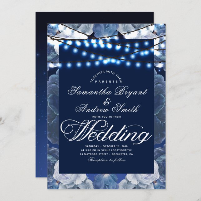 String lights Blue Elegant Wedding Invitation (Front/Back)