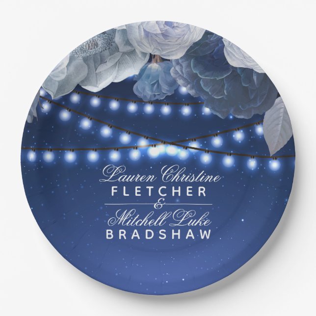 String lights Blue Elegant Wedding Paper Plate (Front)