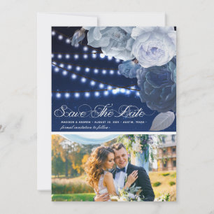 String lights Blue Elegant Wedding Photo Save The Date