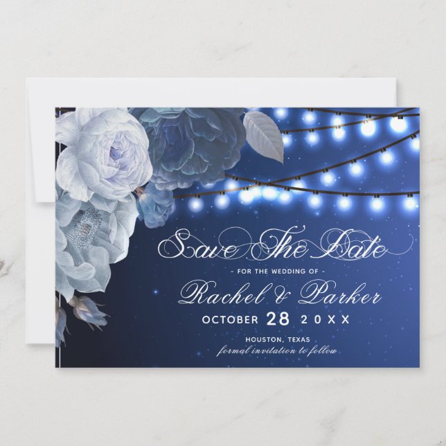 String lights Blue Elegant Wedding Save The Date (Front)