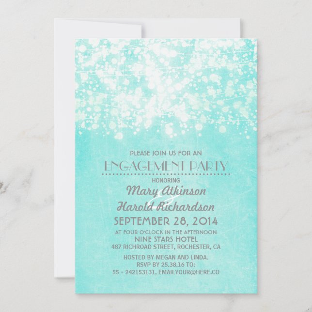 string lights blue engagement party invitation (Front)