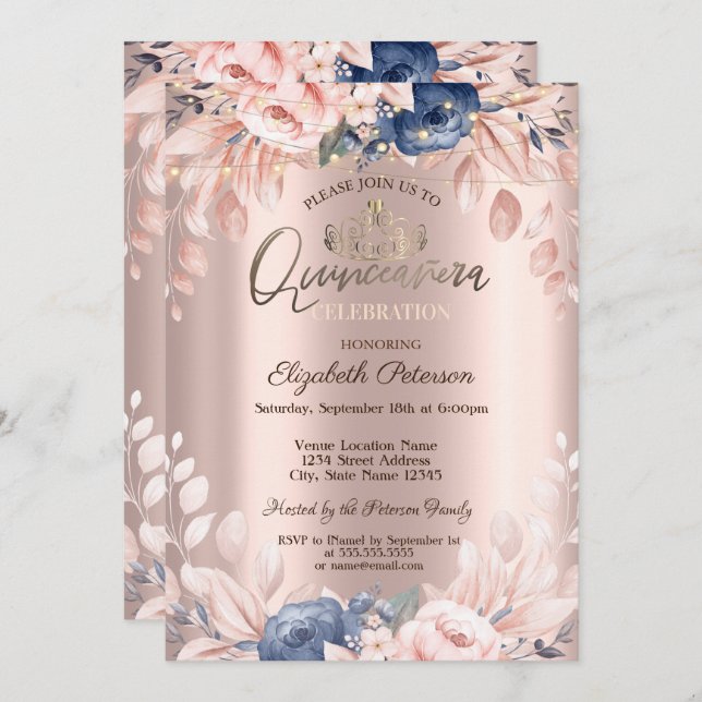String Lights Blue Flowers Rose Gold Quinceañera Invitation (Front/Back)