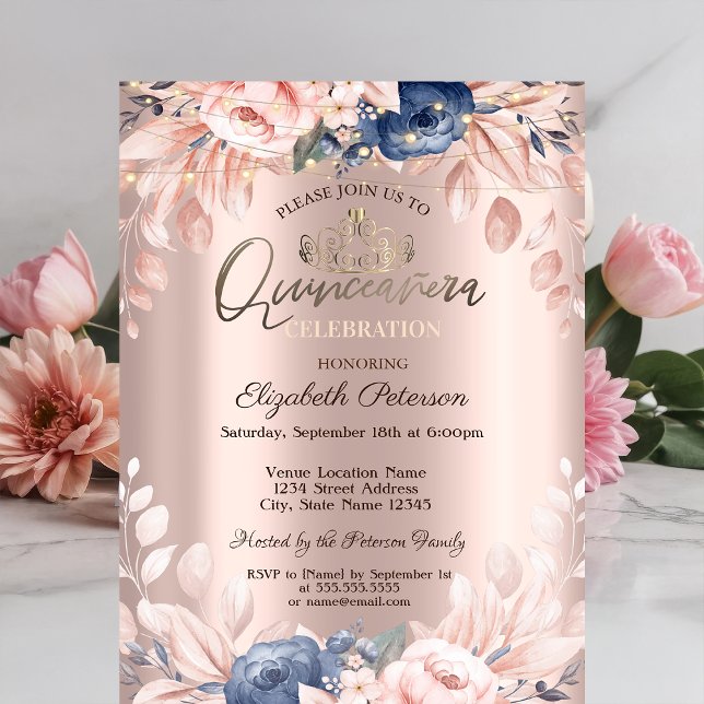 String Lights Blue Flowers Rose Gold Quinceañera Invitation (Creator Uploaded)