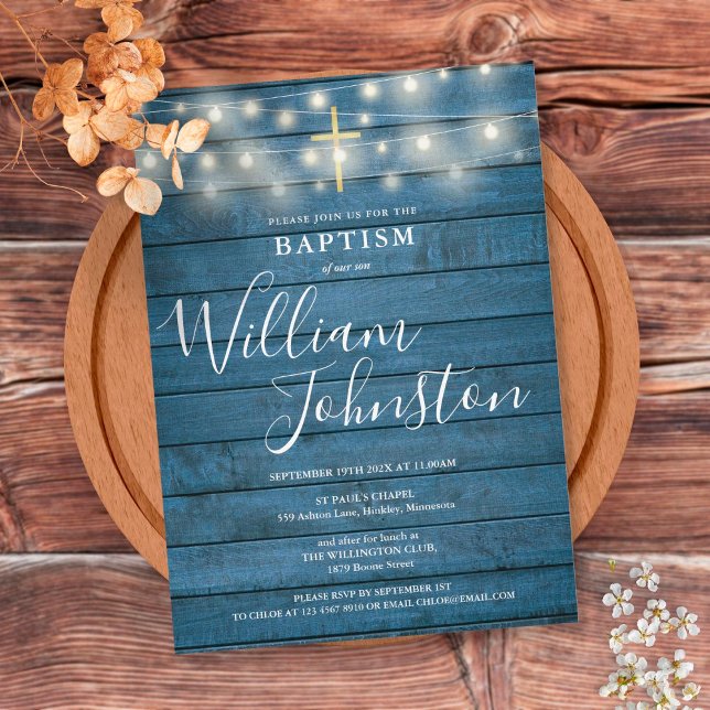 String Lights Blue Rustic Wood Baptism Christening Invitation (Creator Uploaded)
