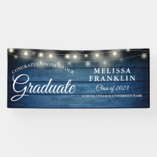 String Lights Blue Rustic Wood Graduation Banner
