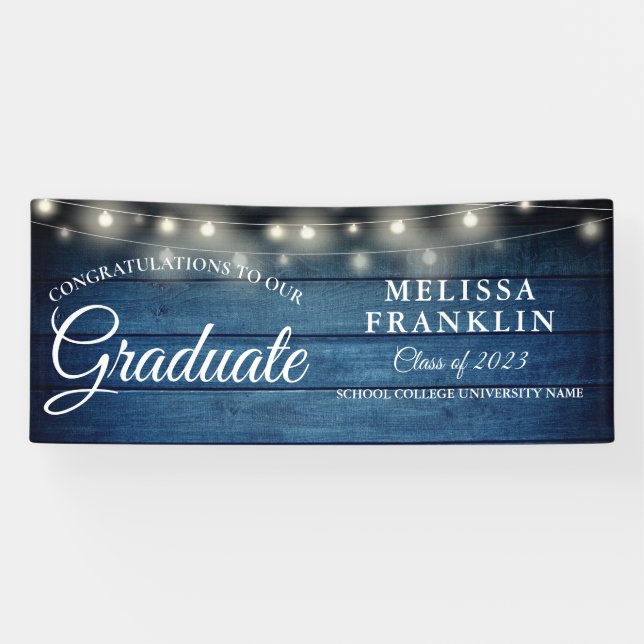 String Lights Blue Rustic Wood Graduation Banner (Horizontal)