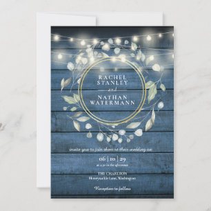String Lights Blue Rustic Wood Greenery Wedding In Invitation