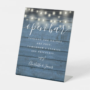String Lights Blue Rustic Wood Script Open Bar Pedestal Sign