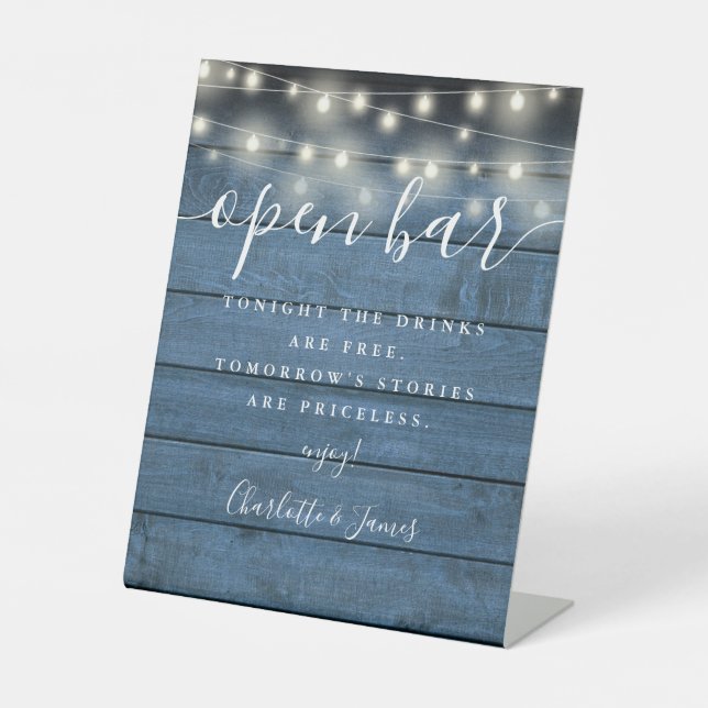 String Lights Blue Rustic Wood Script Open Bar Pedestal Sign (Front)