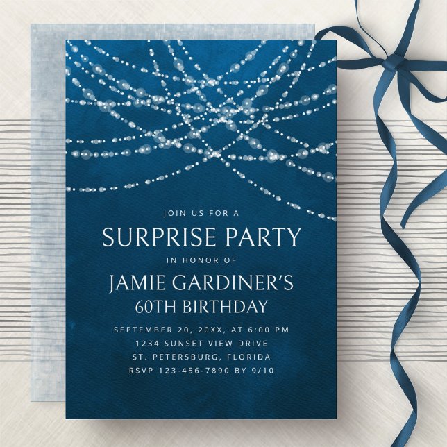 String Lights Blue Surprise Birthday Invitation (Creator Uploaded)