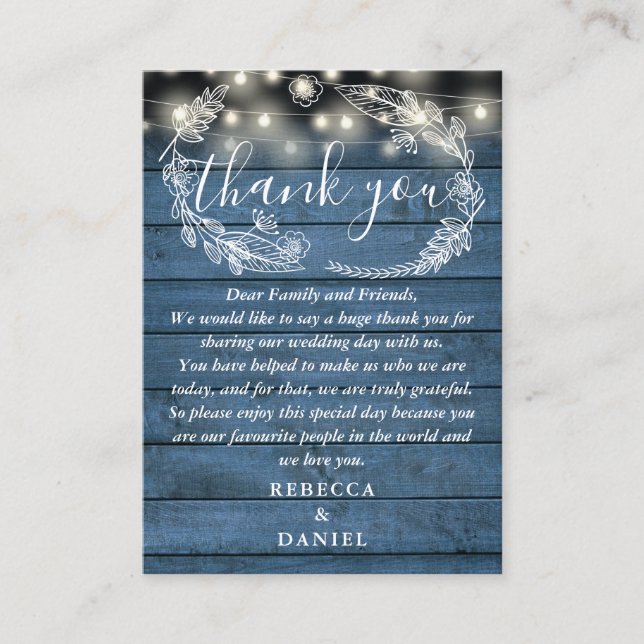 String Lights Blue Wood Floral Wedding Thank You Place Card (Front)