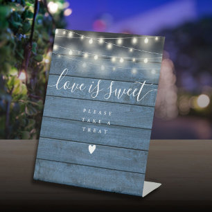 String Lights Blue Wood Love Is Sweet Favour  Pedestal Sign