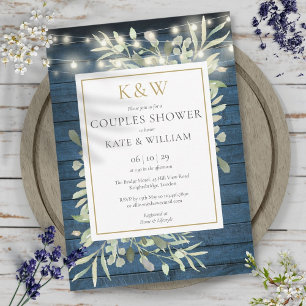 String Lights Blue Wood Monogram Couples Shower Invitation