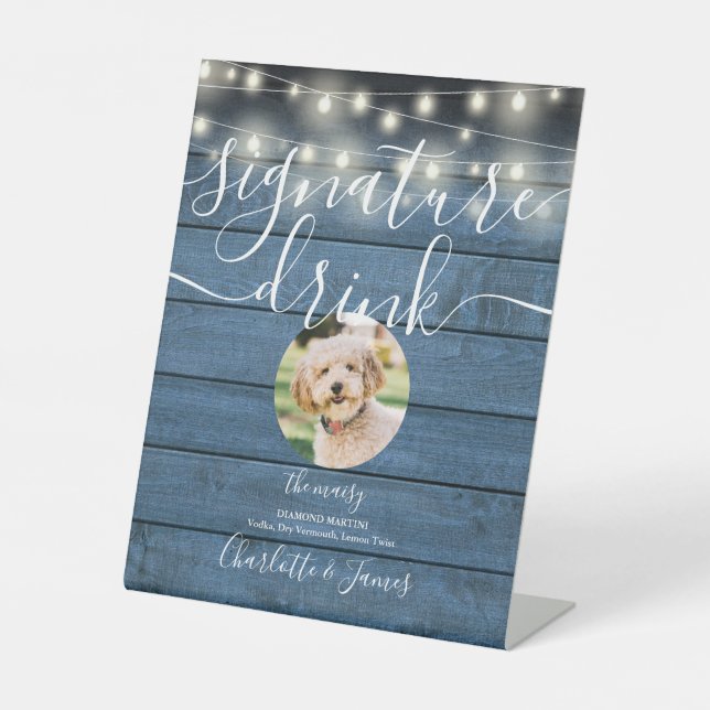 String Lights Blue Wood Pet Signature Drink  Pedestal Sign (Front)