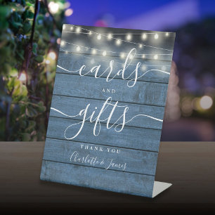 String Lights Blue Wood Script Cards And Gifts Pedestal Sign
