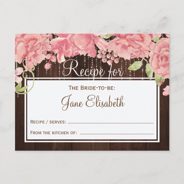 String lights blush floral bride to be recipe card (Front)