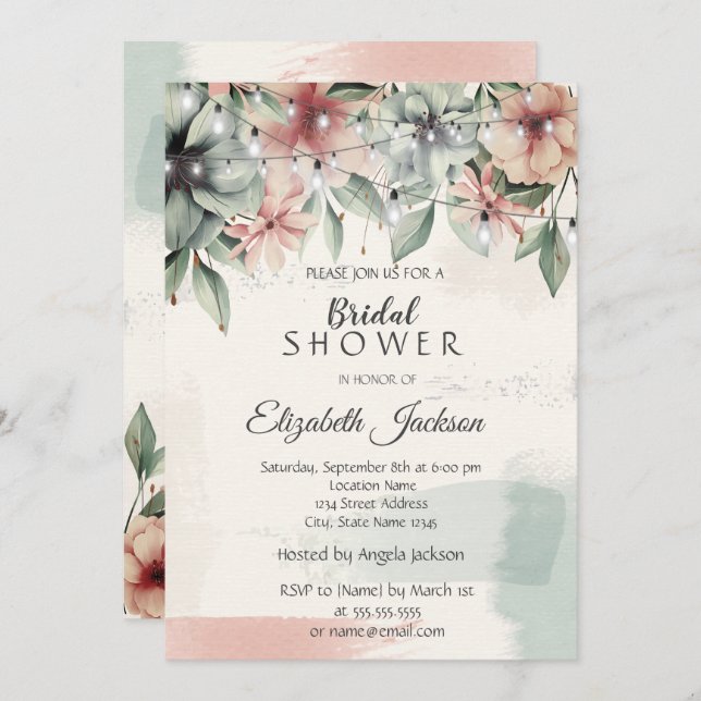 String Lights,Brush Stroke,Floral Bridal Shower Invitation (Front/Back)