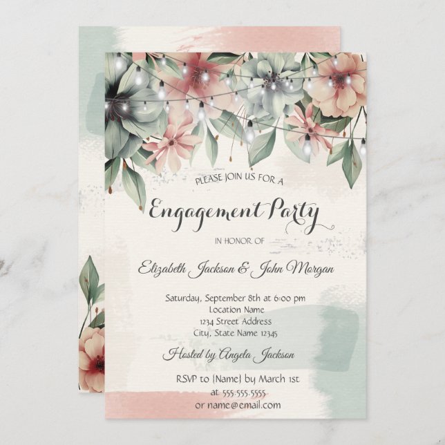 String Lights,Brush Stroke,Floral Engagement Invitation (Front/Back)