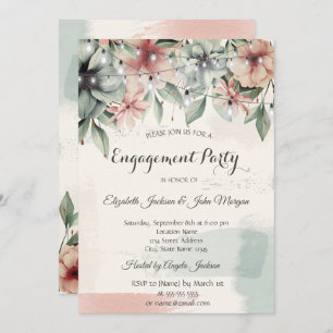 String Lights,Brush Stroke,Floral Engagement Invitation