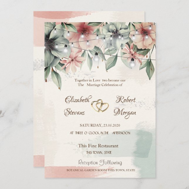 String Lights,Brush Stroke,Floral  Wedding Invitation (Front/Back)