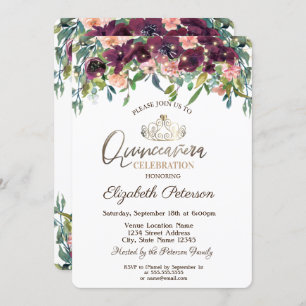 String Lights Burgundy Flowers Quinceañera  Invitation