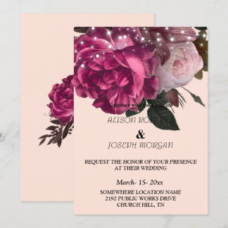 String Lights Burgundy Flowers  Wedding Invitation
