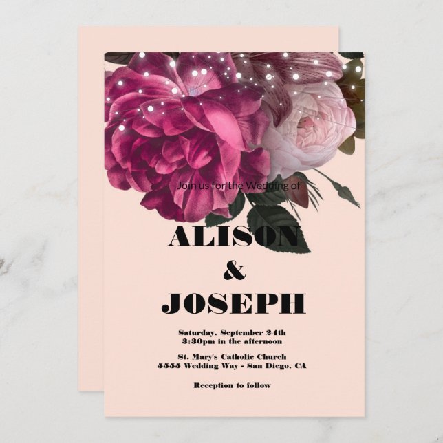 String Lights Burgundy Flowers Wedding Invitation (Front/Back)
