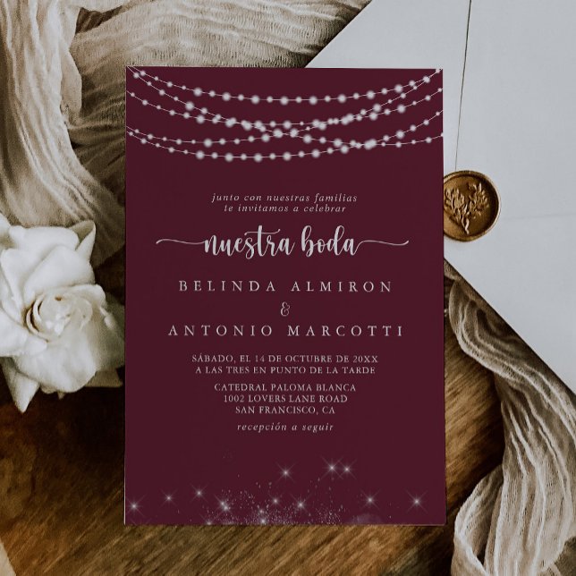 String Lights Burgundy Nuestra Boda Wedding  Invitation (Creator Uploaded)