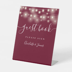 String Lights Burgundy Script Guest Book Pedestal Sign