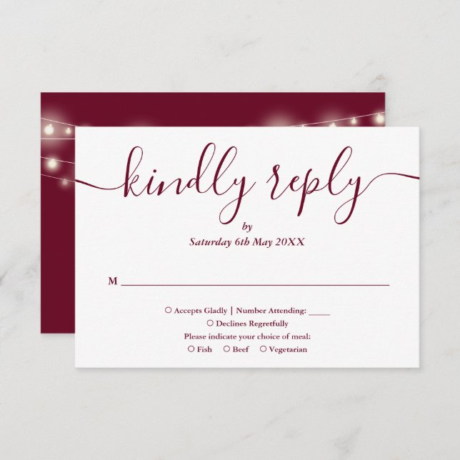 String Lights Burgundy Script Meal Choice RSVP Card (Front/Back)