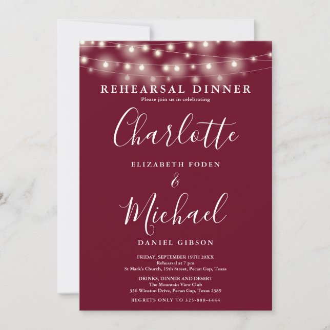 String Lights Burgundy Script Rehearsal Dinner Invitation (Front)