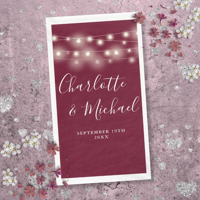 String Lights Burgundy Signature Script Wedding Napkin (String Lights Burgundy Signature Script Wedding Paper Guest Towels)