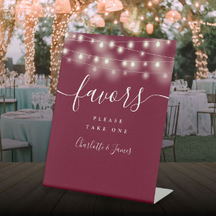 String Lights Burgundy Wedding Favours Table Pedestal Sign