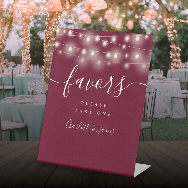 String Lights Burgundy Wedding Favours Table Pedestal Sign (String Lights Burgundy Wedding Favors Table Pedestal Sign)